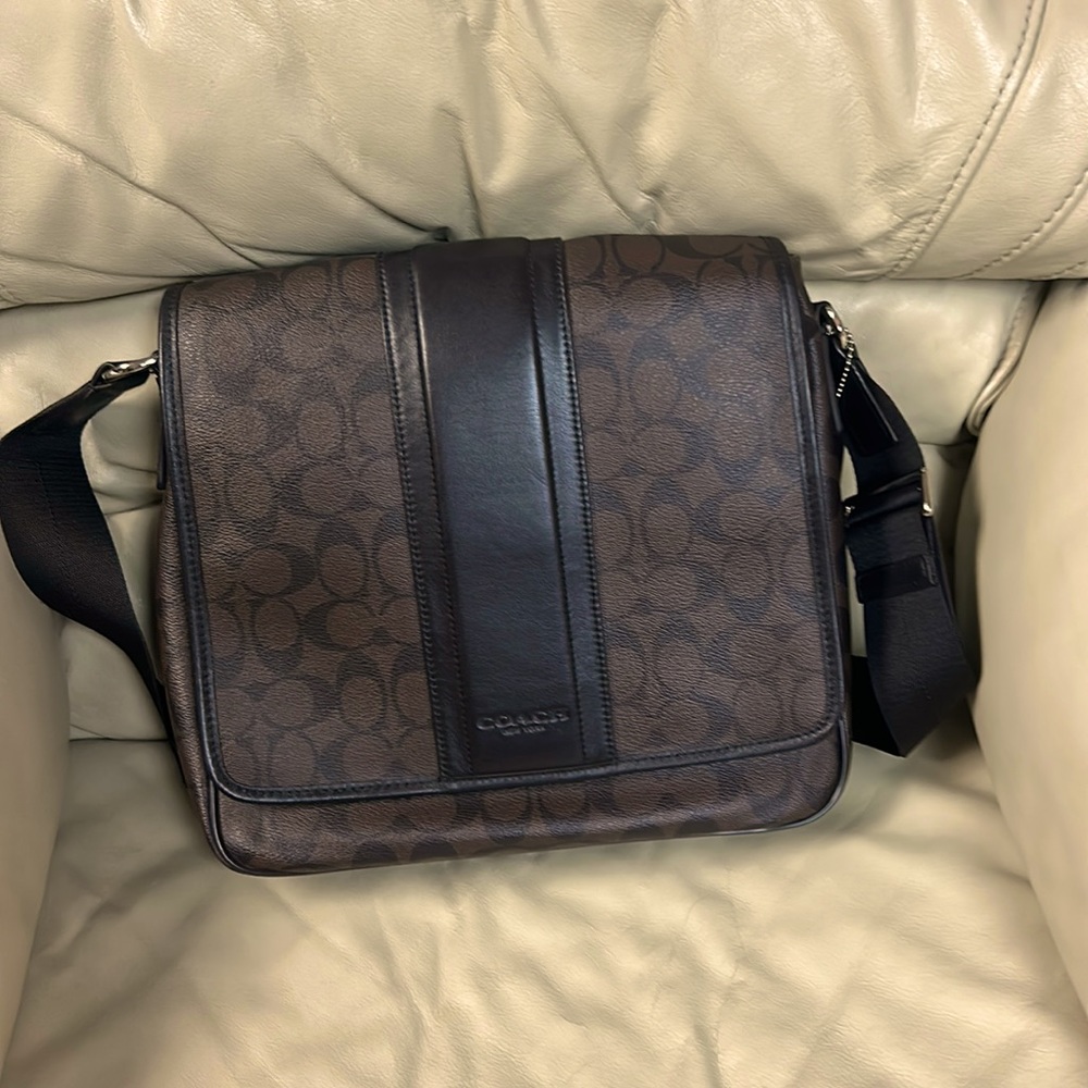 Men’s brown Coach Houston map bag, signature, canvas, and brown leather.